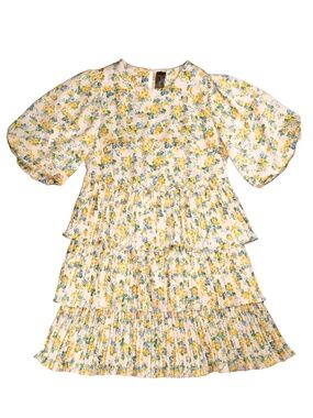 Floral Tiered Pleated Dress Size S Puff Sleeve Silky Mini